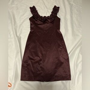 Maggy London Chocolate Brown Ruffle Neck Mini Dress. .